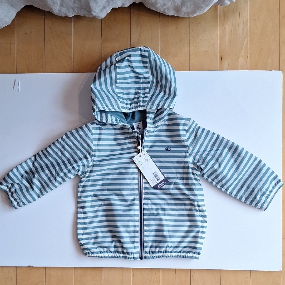 Petit Bateau Striped Seafoam Green and White Hooded Jacket